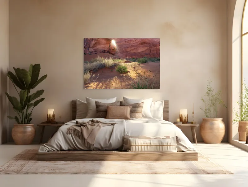 Tablou Canvas, "Lumina dimineții în deșert roșu", Arc, Lumină, Umbre, Dune, Vegetație, Roci, Nisip, Natură, Pustiu, Culoare., 150 x 100 cm – poza 4