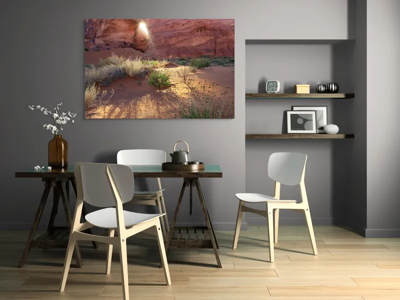 Tablou Canvas, "Lumina dimineții în deșert roșu", Arc, Lumină, Umbre, Dune, Vegetație, Roci, Nisip, Natură, Pustiu, Culoare., 150 x 100 cm – poza 5