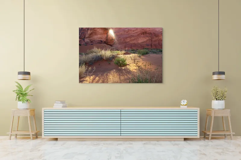 Tablou Canvas, "Lumina dimineții în deșert roșu", Arc, Lumină, Umbre, Dune, Vegetație, Roci, Nisip, Natură, Pustiu, Culoare., 150 x 100 cm – poza 6