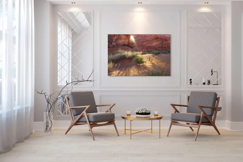 Tablou Canvas, "Lumina dimineții în deșert roșu", Arc, Lumină, Umbre, Dune, Vegetație, Roci, Nisip, Natură, Pustiu, Culoare., 150 x 100 cm – poza 7