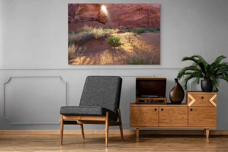 Tablou Canvas, "Lumina dimineții în deșert roșu", Arc, Lumină, Umbre, Dune, Vegetație, Roci, Nisip, Natură, Pustiu, Culoare., 150 x 100 cm – poza 8