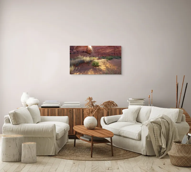 Tablou Canvas, "Lumina dimineții în deșert roșu", Arc, Lumină, Umbre, Dune, Vegetație, Roci, Nisip, Natură, Pustiu, Culoare., 90 x 50 cm – poza 4