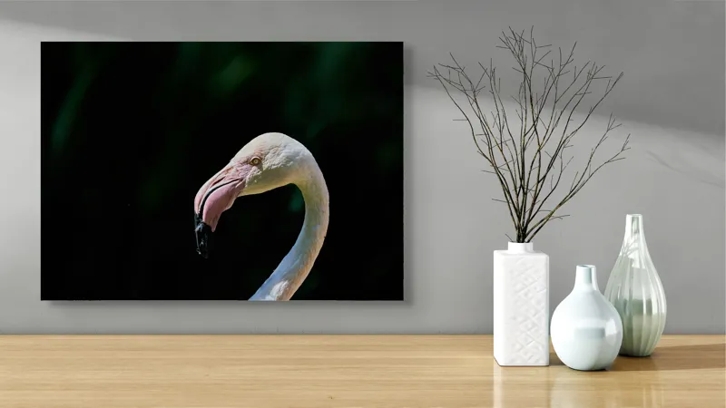 Tablou Canvas, "Flamingo în lumina dimineții", Flamingo, Elegant, Grațios, Roz, Natural, Peisaj, Siluetă, Contrast, Fermecător, Majestic., 70 x 50 cm – poza 3