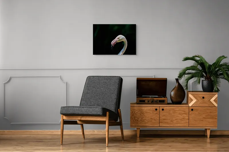Tablou Canvas, "Flamingo în lumina dimineții", Flamingo, Elegant, Grațios, Roz, Natural, Peisaj, Siluetă, Contrast, Fermecător, Majestic., 70 x 50 cm – poza 4