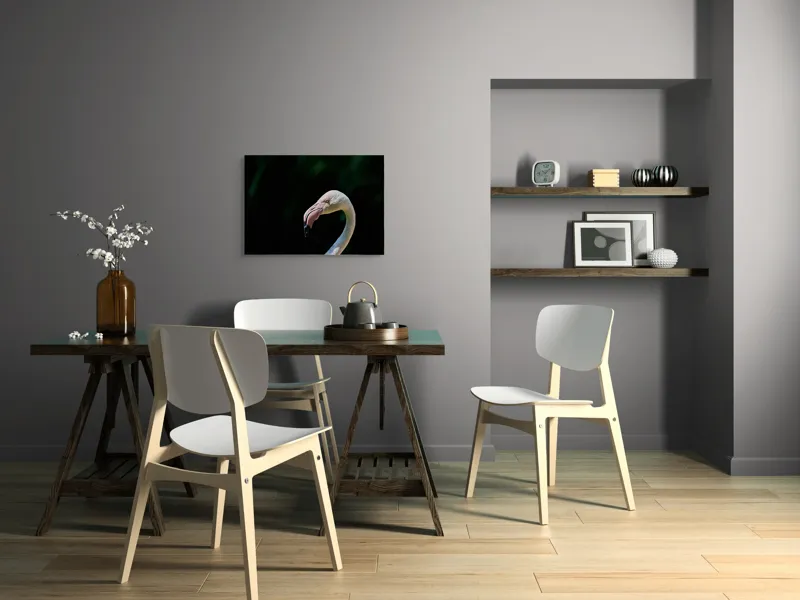 Tablou Canvas, "Flamingo în lumina dimineții", Flamingo, Elegant, Grațios, Roz, Natural, Peisaj, Siluetă, Contrast, Fermecător, Majestic., 70 x 50 cm – poza 5