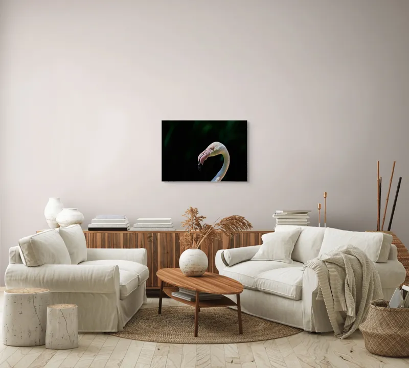 Tablou Canvas, "Flamingo în lumina dimineții", Flamingo, Elegant, Grațios, Roz, Natural, Peisaj, Siluetă, Contrast, Fermecător, Majestic., 70 x 50 cm – poza 6