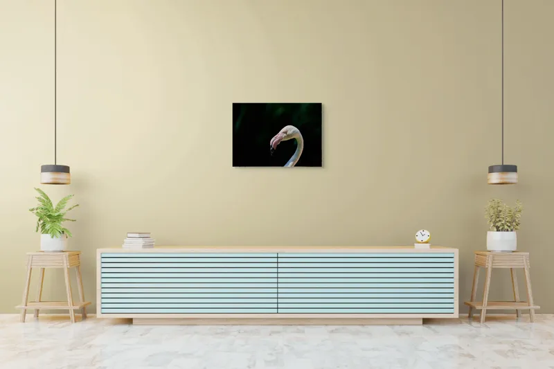 Tablou Canvas, "Flamingo în lumina dimineții", Flamingo, Elegant, Grațios, Roz, Natural, Peisaj, Siluetă, Contrast, Fermecător, Majestic., 70 x 50 cm – poza 7