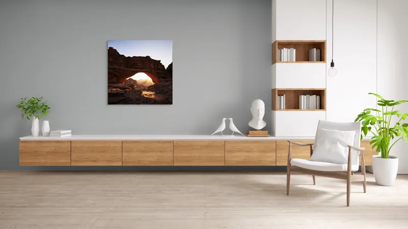 Tablou Canvas, "Răsărit prin arcul de piatră", Piatră, Arcadă, Apus, Deșert, Umbre, Solitudine, Linie, Orizont, Forme, Stânci, Lumină, Siluetă, Cer, Natură, Frumusețe, 100 x 100 cm – poza 8