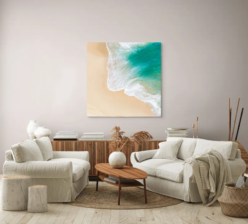Tablou Canvas, "Valurile mângâie nisipul auriu", Valuri, Nisip, Ocean, Spumă, Turcoaz, Mal, Urme, Liniște, 100 x 100 cm – poza 3