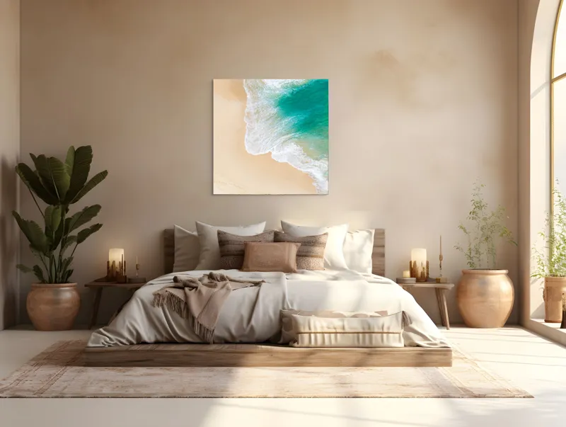Tablou Canvas, "Valurile mângâie nisipul auriu", Valuri, Nisip, Ocean, Spumă, Turcoaz, Mal, Urme, Liniște, 100 x 100 cm – poza 4