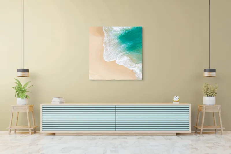 Tablou Canvas, "Valurile mângâie nisipul auriu", Valuri, Nisip, Ocean, Spumă, Turcoaz, Mal, Urme, Liniște, 100 x 100 cm – poza 5