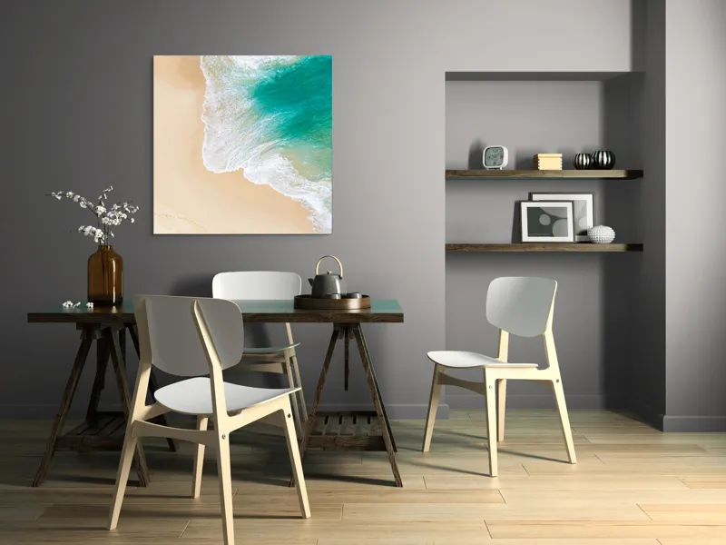 Tablou Canvas, "Valurile mângâie nisipul auriu", Valuri, Nisip, Ocean, Spumă, Turcoaz, Mal, Urme, Liniște, 100 x 100 cm – poza 6