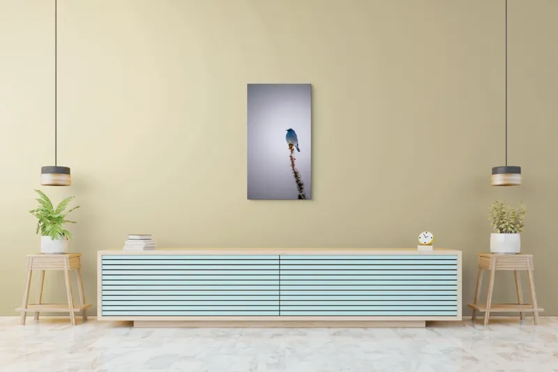 Tablou Canvas, "Pasărea albastră pe creanga înzăpezită", Pasăre, Albastră, Cer, Vârf, Ramură, Zăpadă, Iarnă, Singurătate, Natură, Frig., 50 x 90 cm – poza 6