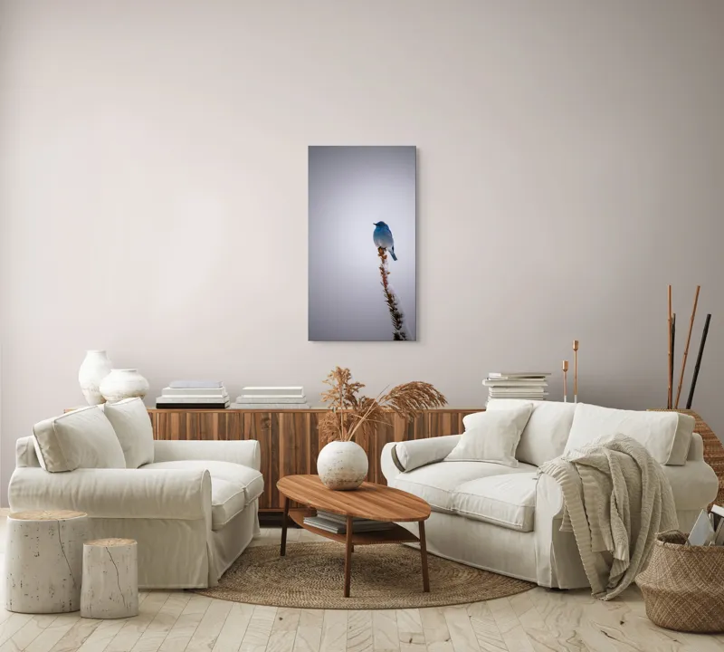 Tablou Canvas, "Pasărea albastră pe creanga înzăpezită", Pasăre, Albastră, Cer, Vârf, Ramură, Zăpadă, Iarnă, Singurătate, Natură, Frig., 50 x 90 cm – poza 7