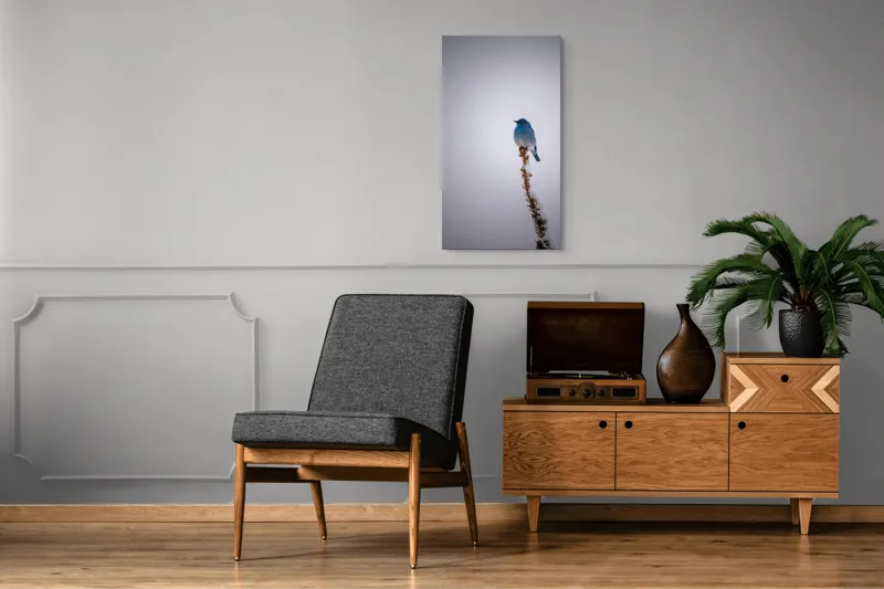 Tablou Canvas, "Pasărea albastră pe creanga înzăpezită", Pasăre, Albastră, Cer, Vârf, Ramură, Zăpadă, Iarnă, Singurătate, Natură, Frig., 50 x 90 cm – poza 8