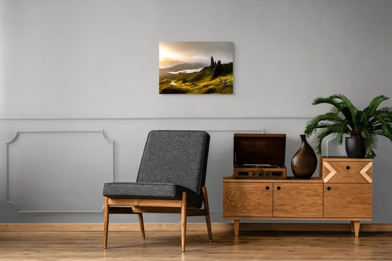 Tablou Canvas, "Răsărit pe culmile misterioase ale munților", Lumină, Vârfuri, Peisaj, Verdeață, Cer, Apus, Păduri, Stânci, Liniște, Nature, Mister, Splendoare, 70 x 50 cm – poza 4