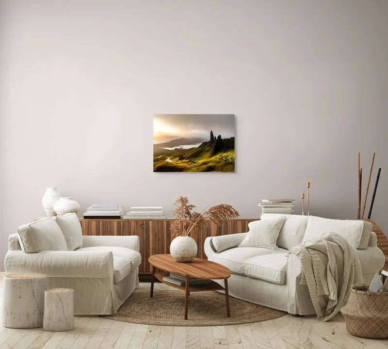 Tablou Canvas, "Răsărit pe culmile misterioase ale munților", Lumină, Vârfuri, Peisaj, Verdeață, Cer, Apus, Păduri, Stânci, Liniște, Nature, Mister, Splendoare, 70 x 50 cm – poza 6