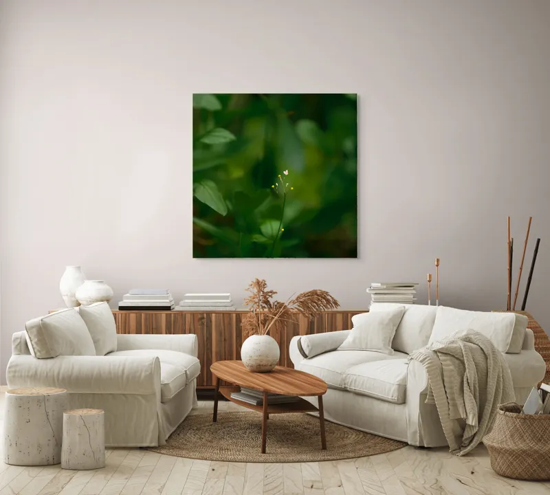 Tablou Canvas, "Inima naturii printre frunze verzi", Verde, Frunziș, Delicat, Petale, Natură, Mic, Fragil, Luminos, 100 x 100 cm – poza 3