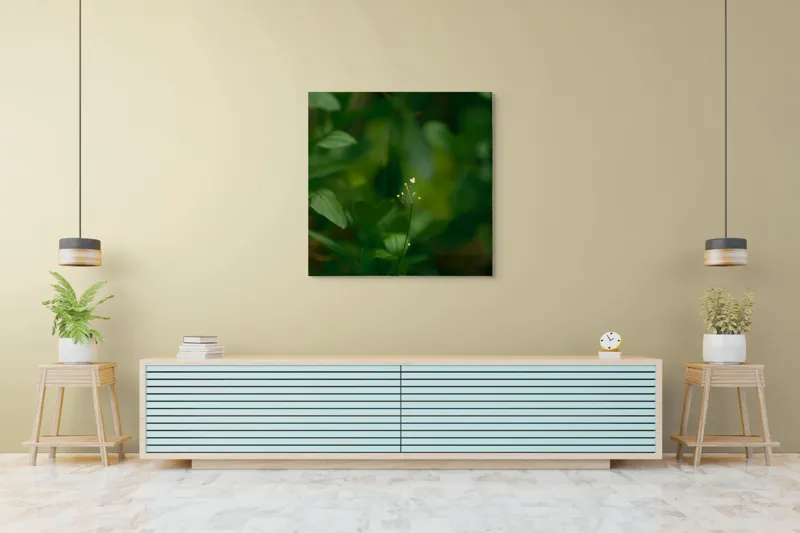 Tablou Canvas, "Inima naturii printre frunze verzi", Verde, Frunziș, Delicat, Petale, Natură, Mic, Fragil, Luminos, 100 x 100 cm – poza 5