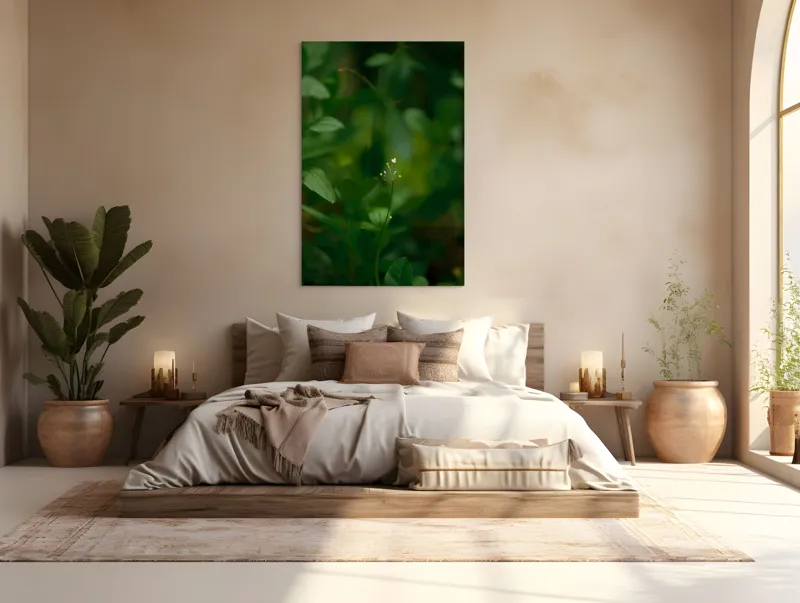 Tablou Canvas, "Inima naturii printre frunze verzi", Verde, Frunziș, Delicat, Petale, Natură, Mic, Fragil, Luminos, 100 x 150 cm – poza 3