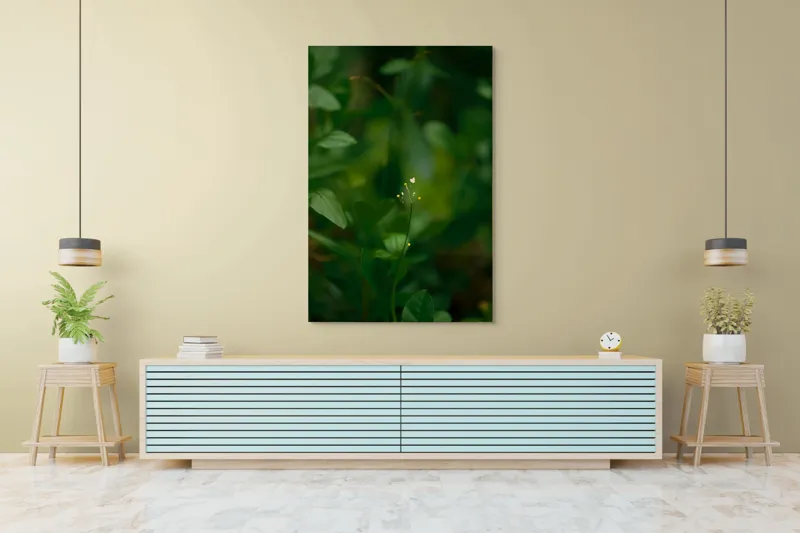 Tablou Canvas, "Inima naturii printre frunze verzi", Verde, Frunziș, Delicat, Petale, Natură, Mic, Fragil, Luminos, 100 x 150 cm – poza 4