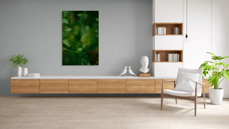 Tablou Canvas, "Inima naturii printre frunze verzi", Verde, Frunziș, Delicat, Petale, Natură, Mic, Fragil, Luminos, 100 x 150 cm – poza 8