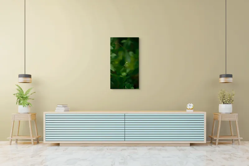 Tablou Canvas, "Inima naturii printre frunze verzi", Verde, Frunziș, Delicat, Petale, Natură, Mic, Fragil, Luminos, 50 x 90 cm – poza 6