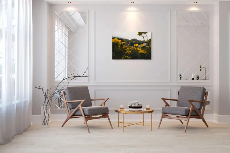 Tablou Canvas, "Galbenul florilor sub cerul noros", Flori, Galbene, Peisaj, Nori, Deal, Vegetație, Apă, Natură., 100 x 70 cm – poza 5