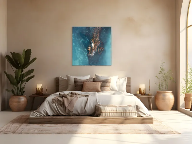 Tablou Canvas, "Insula Tăcută în Oceanul Albastru", Turcoaz, Stâncă, Valuri, Nisip, Apă, Textură, Contrast, Ocean, Umbre, Natură, 100 x 100 cm – poza 4