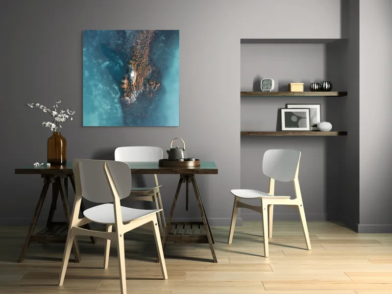 Tablou Canvas, "Insula Tăcută în Oceanul Albastru", Turcoaz, Stâncă, Valuri, Nisip, Apă, Textură, Contrast, Ocean, Umbre, Natură, 100 x 100 cm – poza 6
