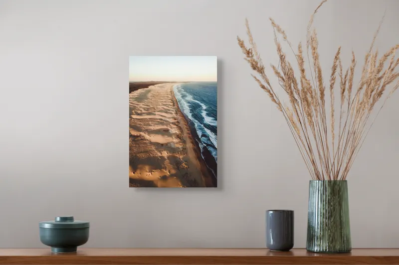Tablou Canvas, "Întinderea nemărginită a țărmului sălbatic", Ocean, Valuri, Plajă, Nisip, Apus, Linie, Coastă, Textură, Natură, Peisaj, 26 x 39 cm – poza 5