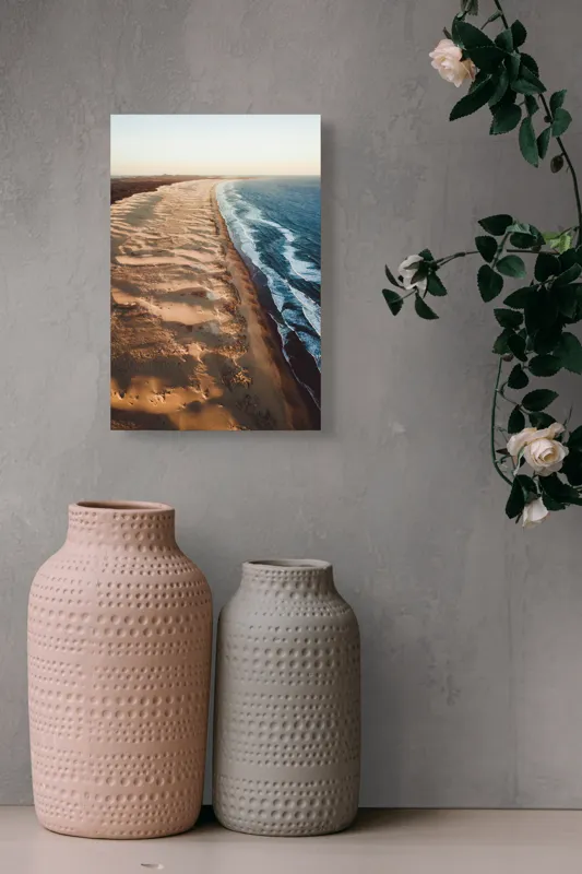 Tablou Canvas, "Întinderea nemărginită a țărmului sălbatic", Ocean, Valuri, Plajă, Nisip, Apus, Linie, Coastă, Textură, Natură, Peisaj, 26 x 39 cm – poza 6