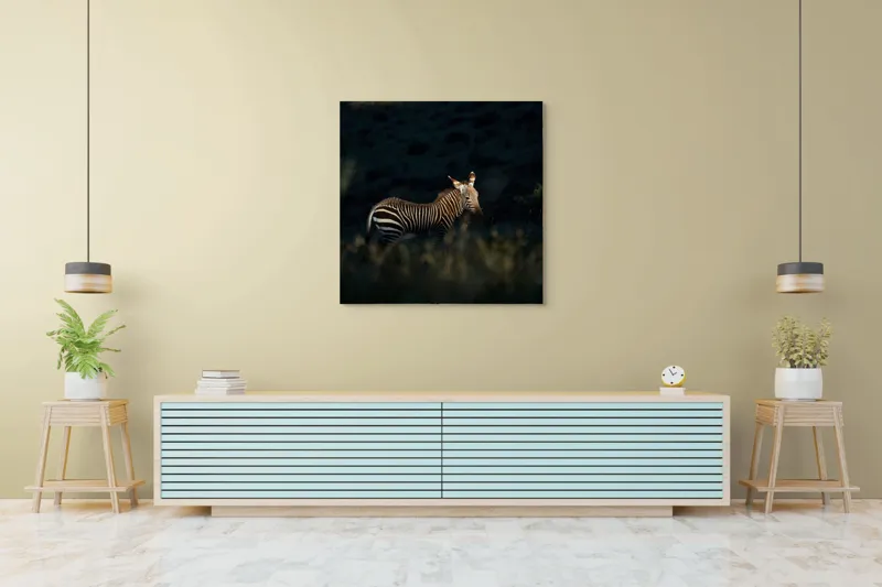 Tablou Canvas, "Zebră sub lumină de apus", Zebră, Noapte, Umbre, Vegetație, Natural, Calm, Sălbatică, Rânduri, 100 x 100 cm – poza 5
