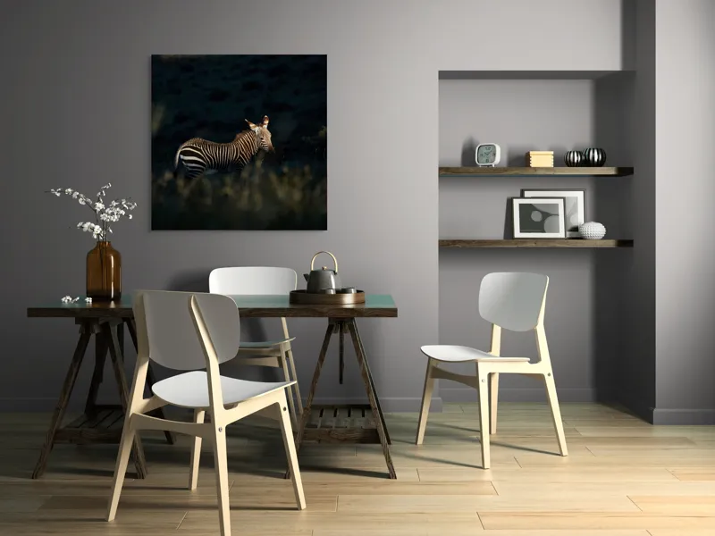 Tablou Canvas, "Zebră sub lumină de apus", Zebră, Noapte, Umbre, Vegetație, Natural, Calm, Sălbatică, Rânduri, 100 x 100 cm – poza 6