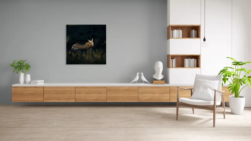 Tablou Canvas, "Zebră sub lumină de apus", Zebră, Noapte, Umbre, Vegetație, Natural, Calm, Sălbatică, Rânduri, 100 x 100 cm – poza 8
