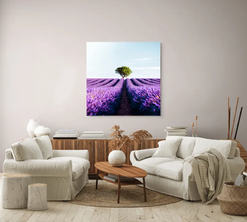 Tablou Canvas, "Lan de lavandă sub cer senin", Lavandă, Câmp, Copac, Albastru, Linia Orizontului, Rege, Natură, Parfum, Flori, Cer, Verde, Solitudine, 100 x 100 cm – poza 3