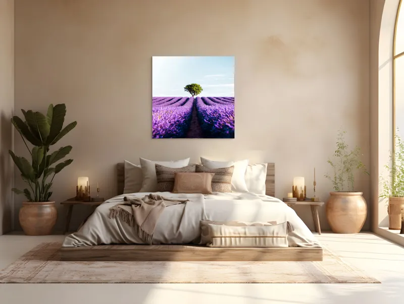 Tablou Canvas, "Lan de lavandă sub cer senin", Lavandă, Câmp, Copac, Albastru, Linia Orizontului, Rege, Natură, Parfum, Flori, Cer, Verde, Solitudine, 100 x 100 cm – poza 4