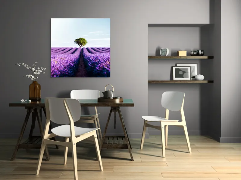 Tablou Canvas, "Lan de lavandă sub cer senin", Lavandă, Câmp, Copac, Albastru, Linia Orizontului, Rege, Natură, Parfum, Flori, Cer, Verde, Solitudine, 100 x 100 cm – poza 6