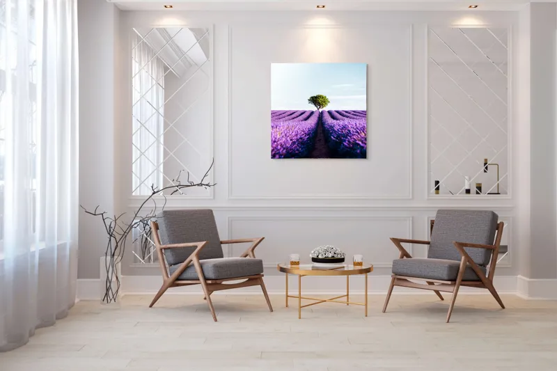 Tablou Canvas, "Lan de lavandă sub cer senin", Lavandă, Câmp, Copac, Albastru, Linia Orizontului, Rege, Natură, Parfum, Flori, Cer, Verde, Solitudine, 100 x 100 cm – poza 7