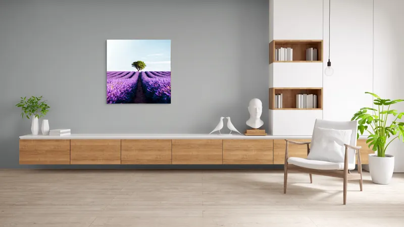 Tablou Canvas, "Lan de lavandă sub cer senin", Lavandă, Câmp, Copac, Albastru, Linia Orizontului, Rege, Natură, Parfum, Flori, Cer, Verde, Solitudine, 100 x 100 cm – poza 8