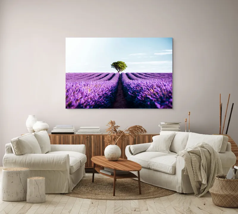 Tablou Canvas, "Lan de lavandă sub cer senin", Lavandă, Câmp, Copac, Albastru, Linia Orizontului, Rege, Natură, Parfum, Flori, Cer, Verde, Solitudine, 150 x 100 cm – poza 3