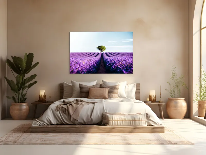 Tablou Canvas, "Lan de lavandă sub cer senin", Lavandă, Câmp, Copac, Albastru, Linia Orizontului, Rege, Natură, Parfum, Flori, Cer, Verde, Solitudine, 150 x 100 cm – poza 4