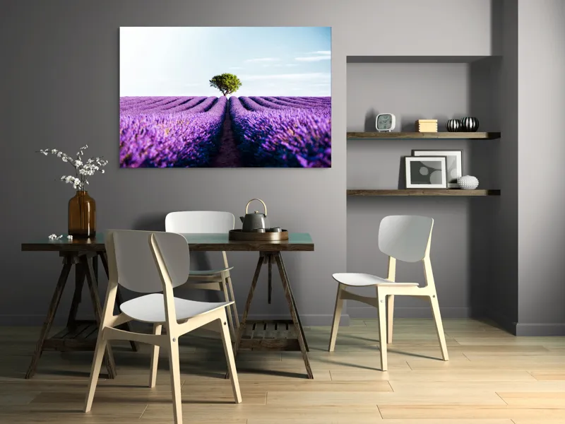 Tablou Canvas, "Lan de lavandă sub cer senin", Lavandă, Câmp, Copac, Albastru, Linia Orizontului, Rege, Natură, Parfum, Flori, Cer, Verde, Solitudine, 150 x 100 cm – poza 5