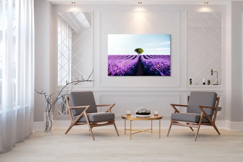 Tablou Canvas, "Lan de lavandă sub cer senin", Lavandă, Câmp, Copac, Albastru, Linia Orizontului, Rege, Natură, Parfum, Flori, Cer, Verde, Solitudine, 150 x 100 cm – poza 7