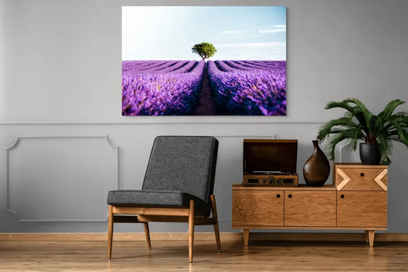 Tablou Canvas, "Lan de lavandă sub cer senin", Lavandă, Câmp, Copac, Albastru, Linia Orizontului, Rege, Natură, Parfum, Flori, Cer, Verde, Solitudine, 150 x 100 cm – poza 8