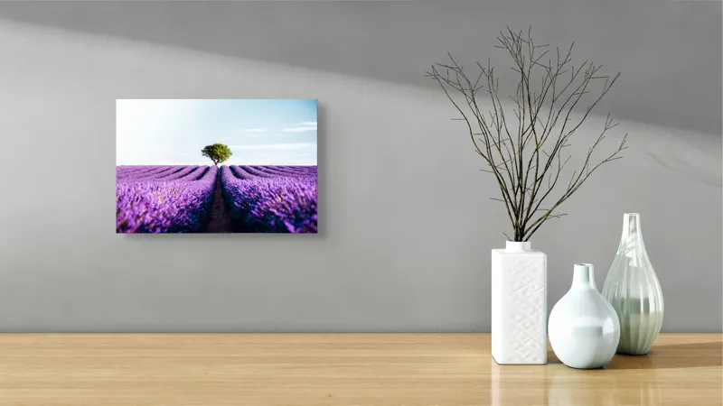 Tablou Canvas, "Lan de lavandă sub cer senin", Lavandă, Câmp, Copac, Albastru, Linia Orizontului, Rege, Natură, Parfum, Flori, Cer, Verde, Solitudine, 39 x 26 cm – poza 8