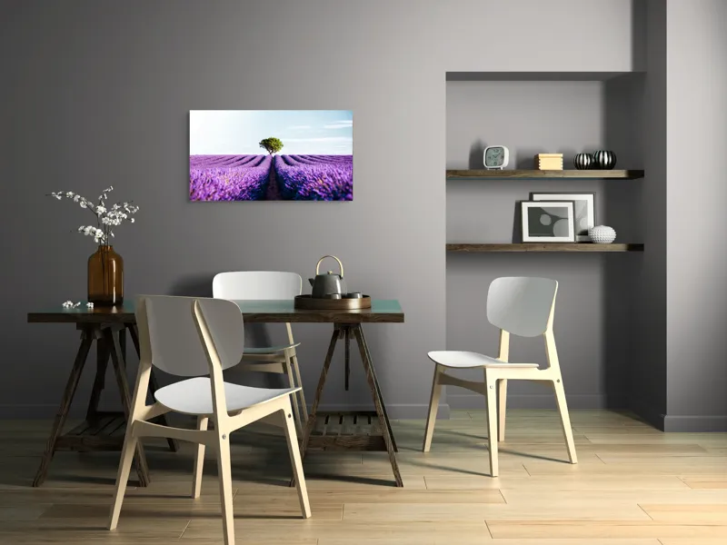 Tablou Canvas, "Lan de lavandă sub cer senin", Lavandă, Câmp, Copac, Albastru, Linia Orizontului, Rege, Natură, Parfum, Flori, Cer, Verde, Solitudine, 90 x 50 cm – poza 3