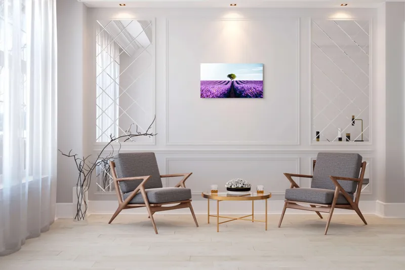 Tablou Canvas, "Lan de lavandă sub cer senin", Lavandă, Câmp, Copac, Albastru, Linia Orizontului, Rege, Natură, Parfum, Flori, Cer, Verde, Solitudine, 90 x 50 cm – poza 7