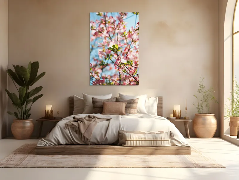 Tablou Canvas, "Flori delicate sub cer albastru", Flori, Roz, Ramuri, Cer, Lumina, Primavara, Frunze, Delicat, Nature, Frumusete, 100 x 150 cm – poza 3