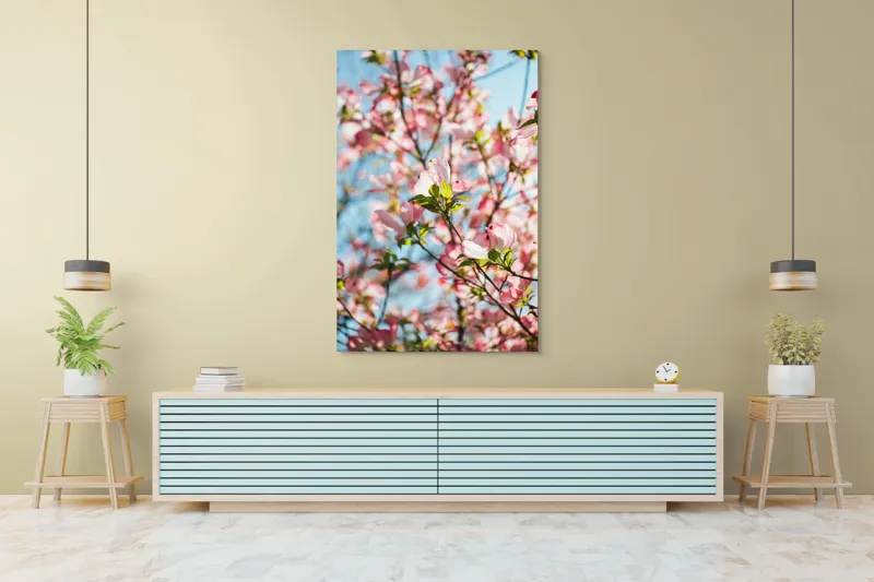 Tablou Canvas, "Flori delicate sub cer albastru", Flori, Roz, Ramuri, Cer, Lumina, Primavara, Frunze, Delicat, Nature, Frumusete, 100 x 150 cm – poza 4